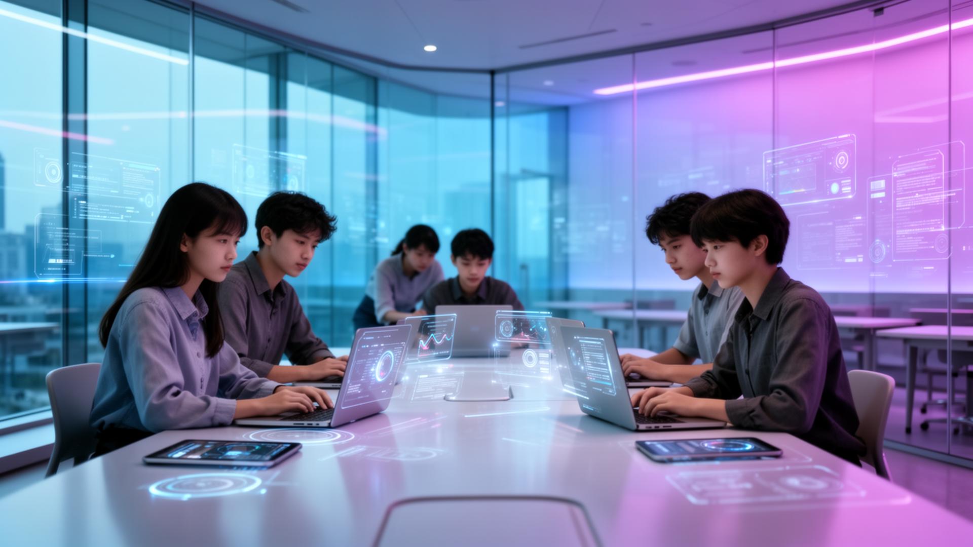 Students learning with modern technology